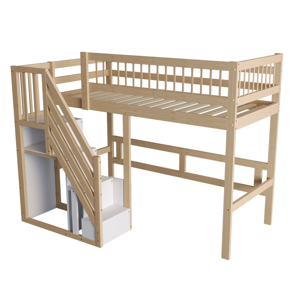 Letto a Soppalco Singolo con Scala Contenitore e Sponde; 90×200 cm; senza Materasso; Legno Naturale