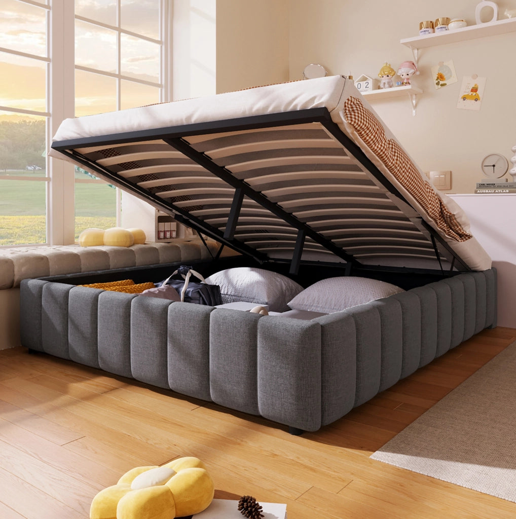 Letto imbottito 140x200 cm in lino grigio con contenitore idraulico