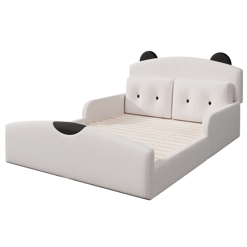 Letto matrimoniale 140x200 cm con testiera imbottita a forma di orso; 2 cuscini decorativi e rivestimento in lino bianco