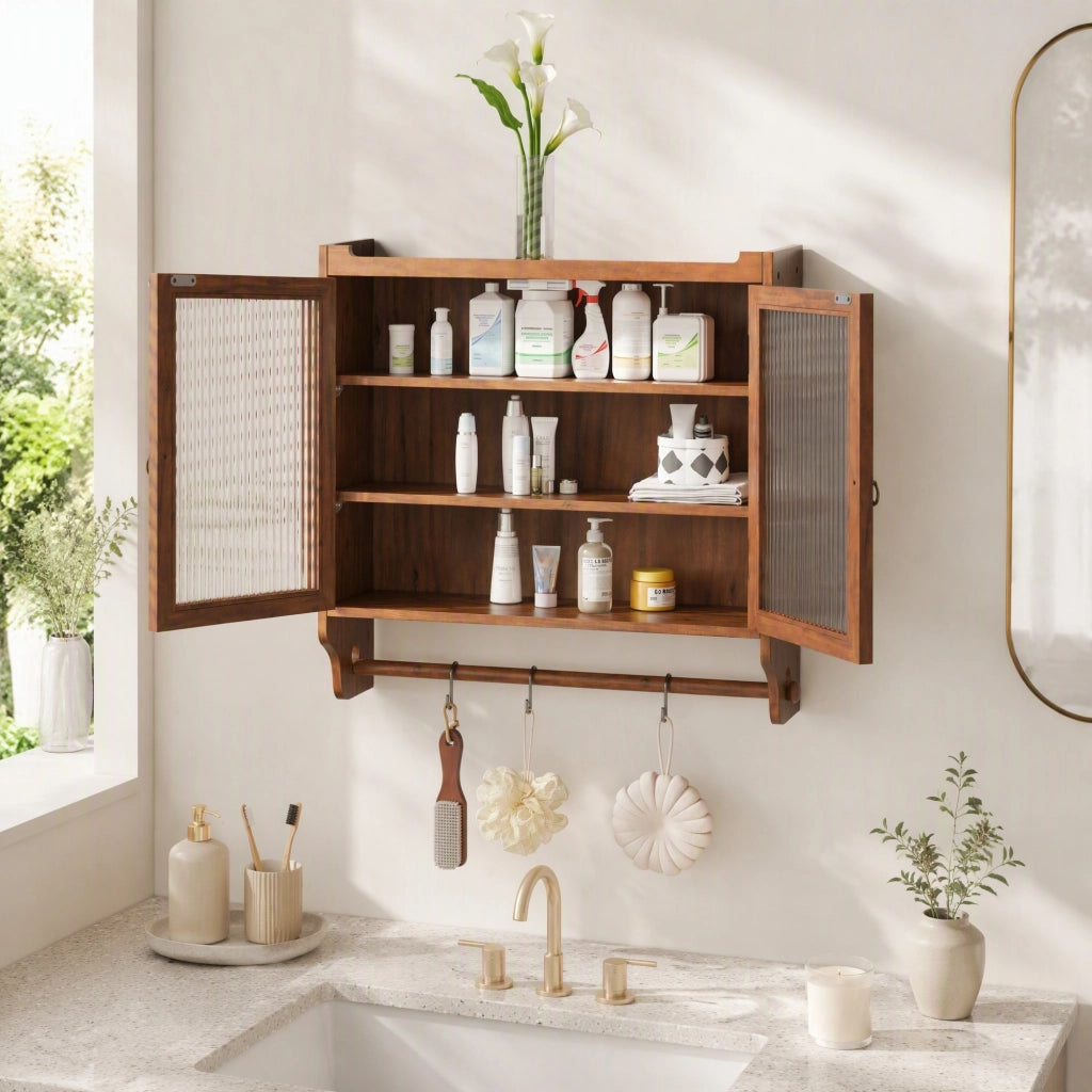Mobile pensile vintage in legno e vetro marrone, con ante doppie, 3 ripiani e mensola porta asciugamani, 63 x 60 x 18 cm