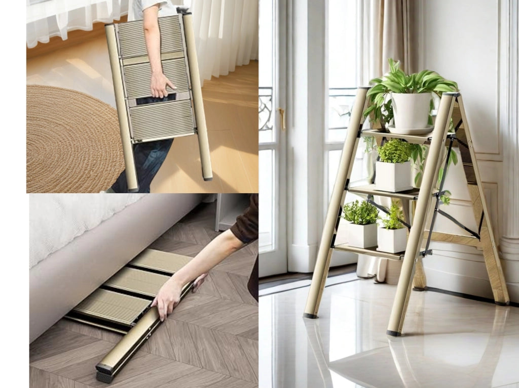 Scala pieghevole ULEVR a 3 gradini in alluminio, 65x45x82 cm, pedane antiscivolo, oro