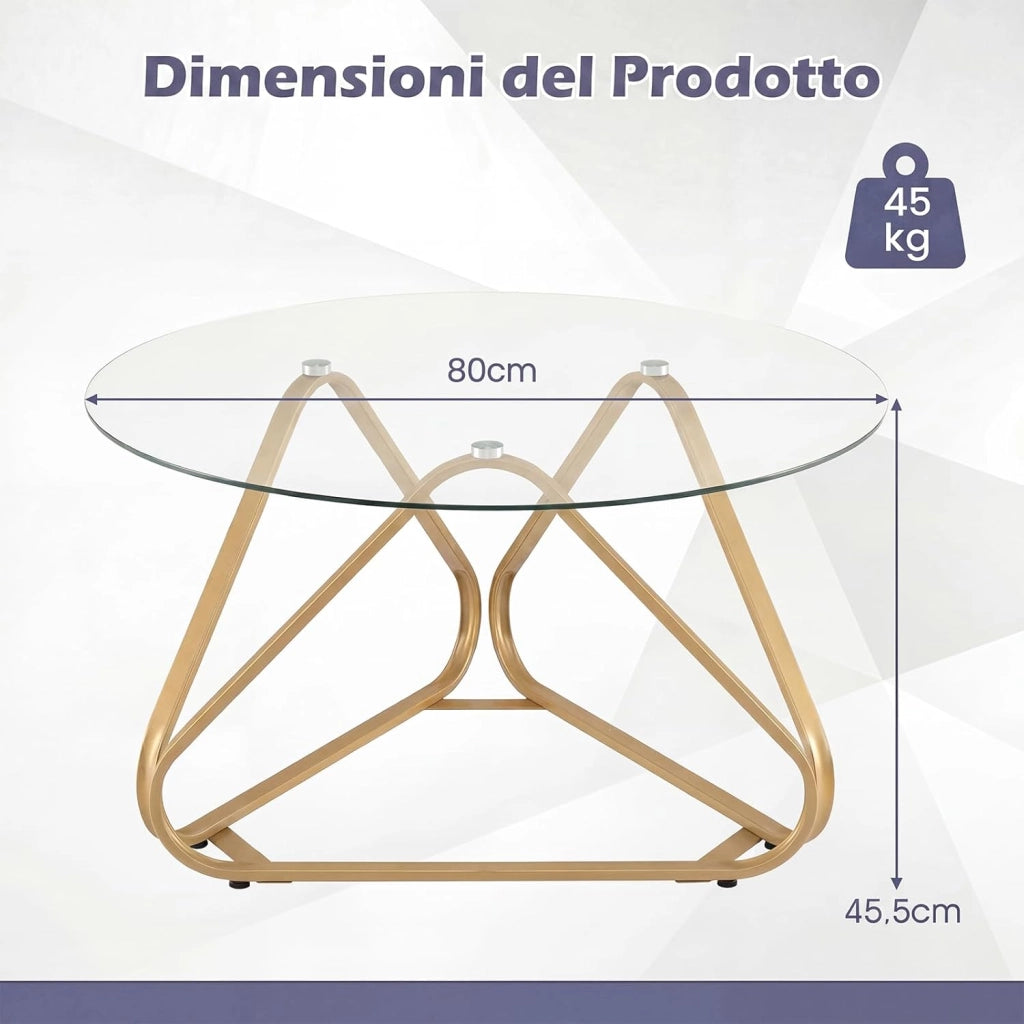 Tavolino Salotto Rotondo in Vetro Temperato Ø 80 cm, Tavolino da Caffè, Divano, Tavolo Soggiorno Basso Moderno, con Struttura Triangolare in Metallo, Montaggio Facile (Dorato)