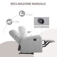 Poltrona Relax Reclinabile fino a 168° con Poggiapiedi, 67x83x107 cm, Grigia