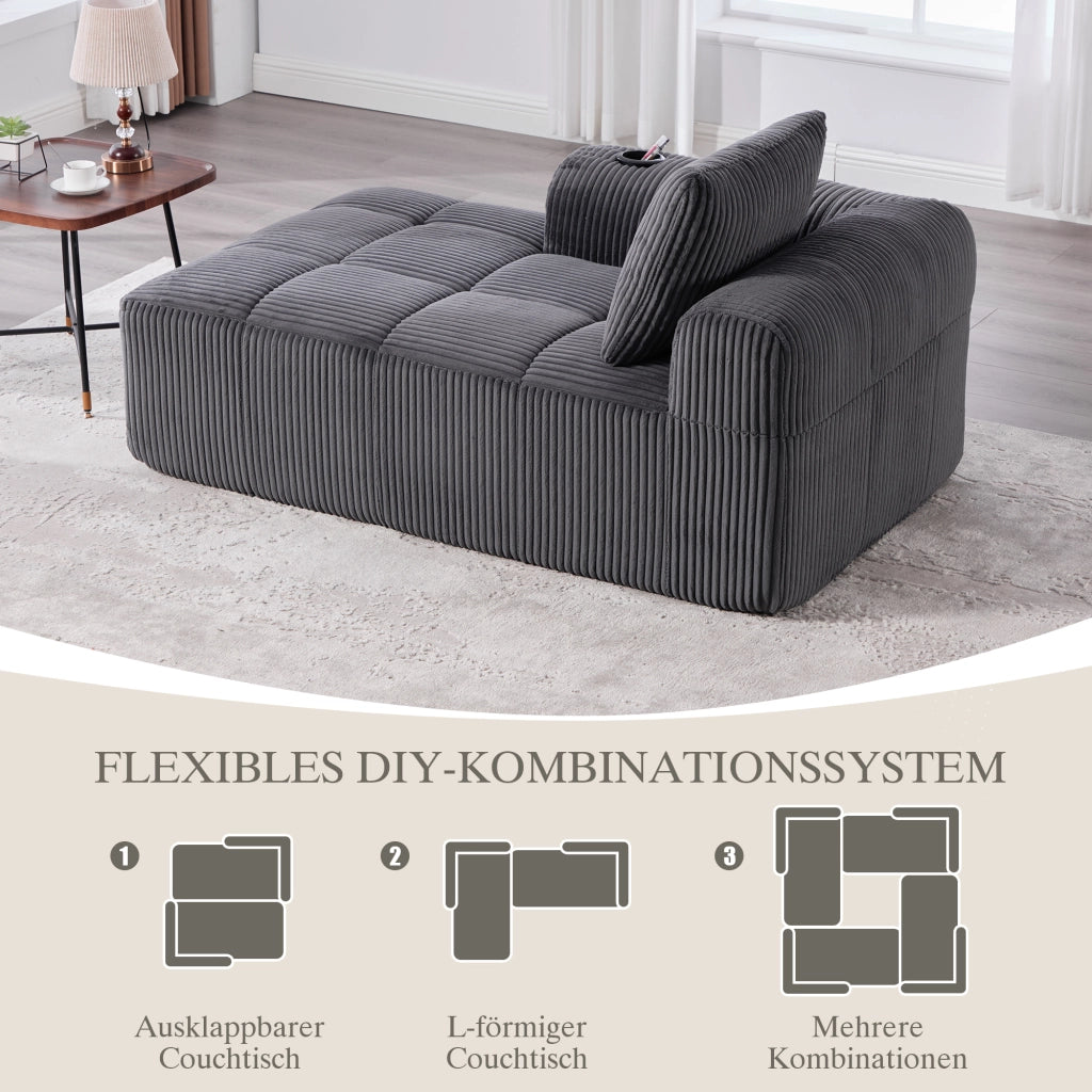 DIVANO compatto 158x93x61 cm in corduroy grigio scuro con tasche laterali e portabicchieri