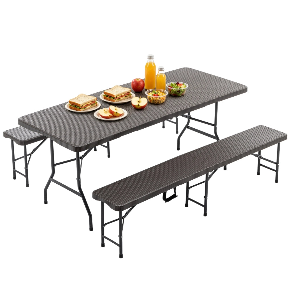 TAVOLO PICNIC PIEGHEVOLE 3 PEZZI, con 2 panche, marrone, HDPE
