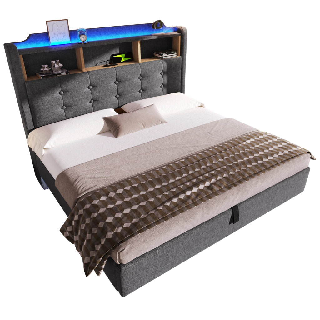 Letto imbottito idraulico con USB LED 140x200 cm colore grigio lino