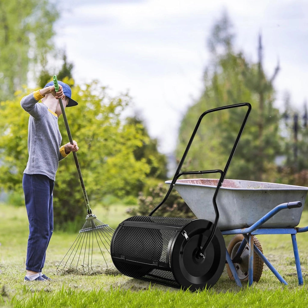 Rullo Spargiconcime Prato da 80L, Spargiconcime a Rullo Ø41 x 68 cm con Manico e Cestello in Rete Metallica, Spargiterriccio da Giardino per Concimazione e Semina