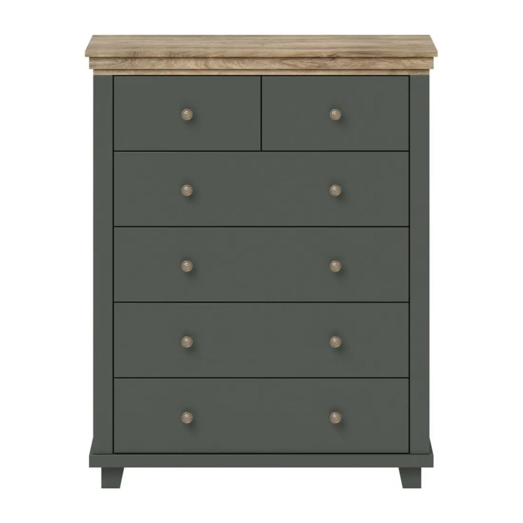 Comò XL design con 6 cassetti. Colore verde kaki e quercia. Collezione ASSIA