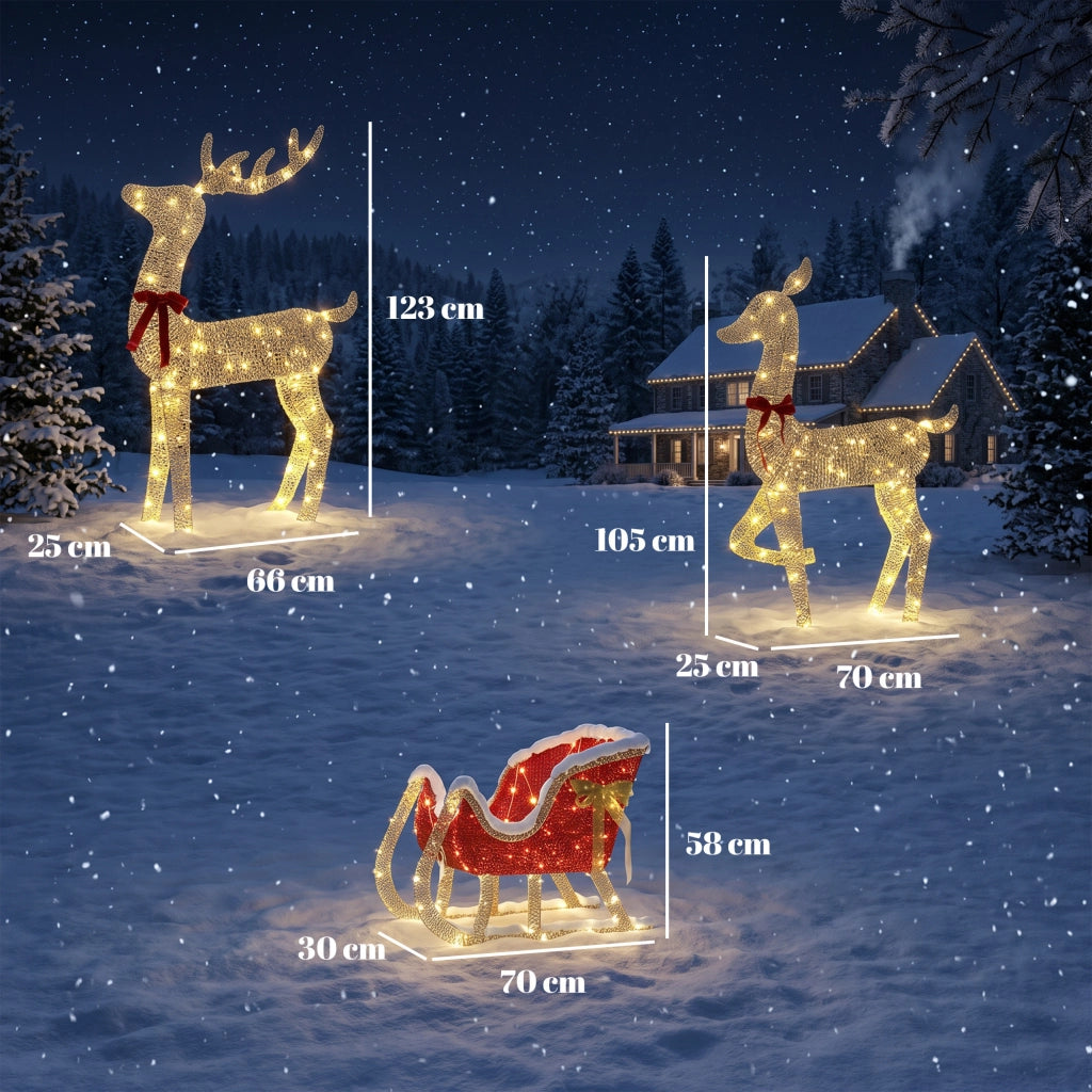 Set natalizio da esterno composto da 3 renne con slitta 3D, 200 luci LED bianco caldo, 8 modalità e timer.