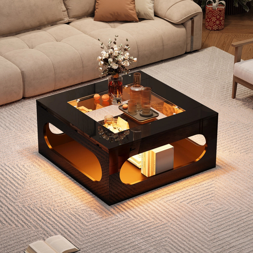 TAVOLINO DA SOGGIORNO 70x70x35 cm Nero in MDF e vetro temperato con LED