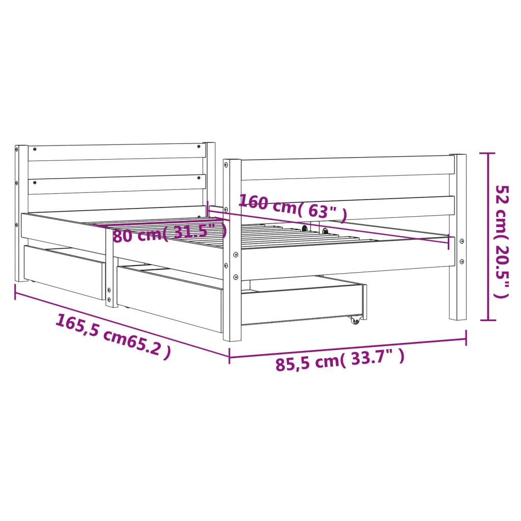 Giroletto per Bambini con Cassetti 80x160cm Legno Massello Pino