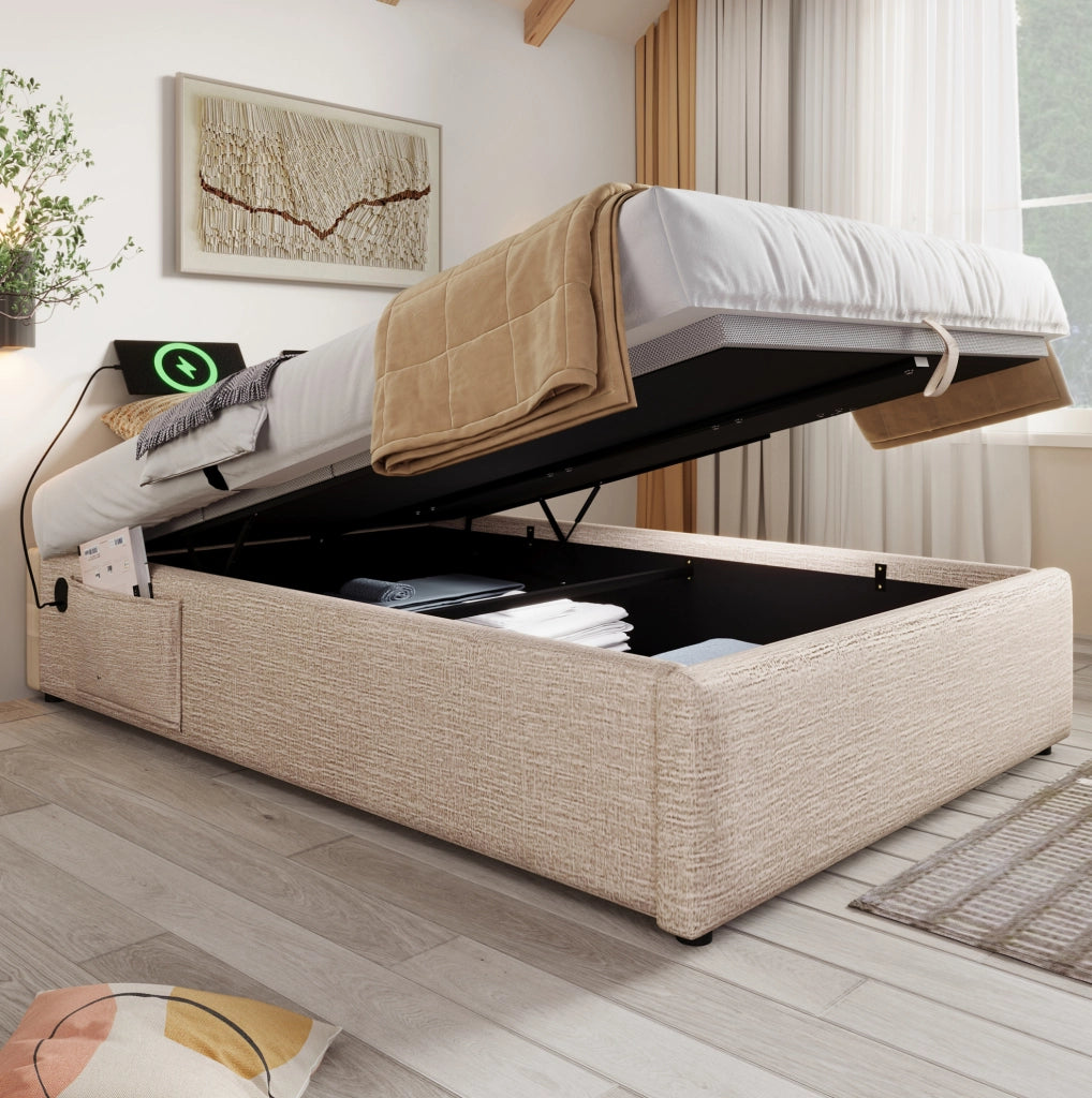 Letto contenitore 90x200 cm con USB C; lino e legno massello