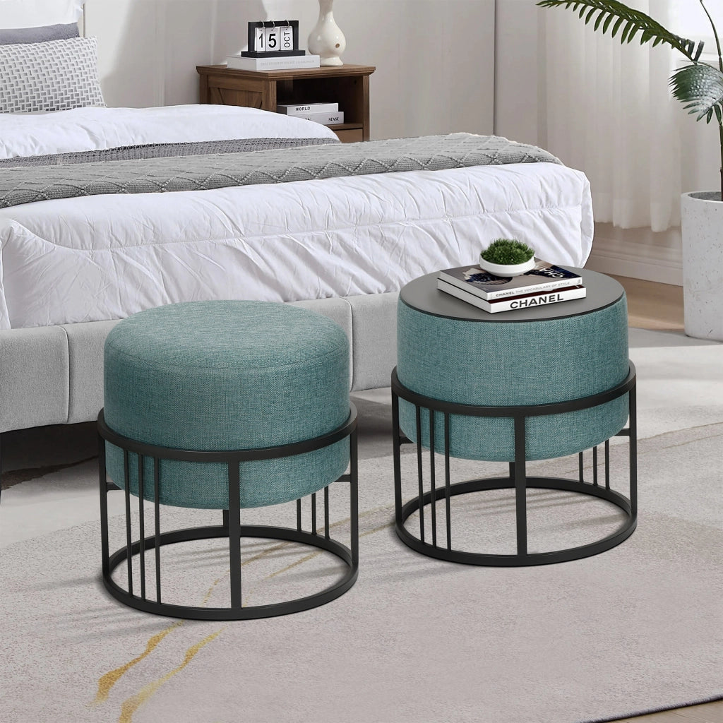 Set 2 Pouf TAS Reversibili Impilabili Seduta Imbottita e Piano Rigido Circolare 38xØ38 cm Verde [en.casa]