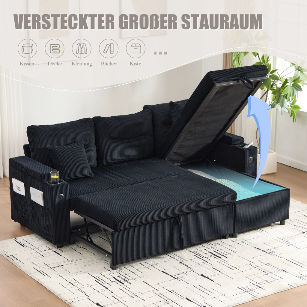 Divano angolare convertibile con chaise longue idraulica, letto estraibile, USB-C e vano contenitore in corda nero