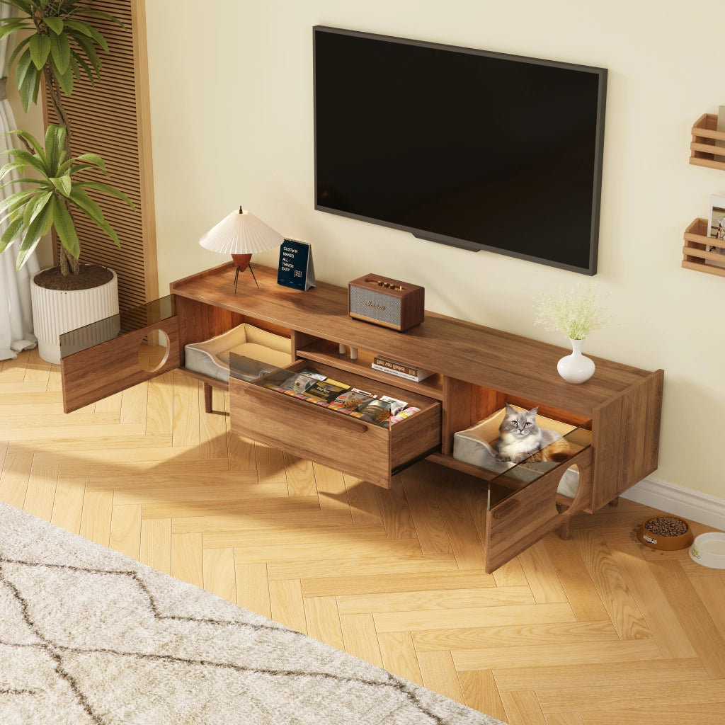 Mobile TV con 2 ante e illuminazione LED; vano per gatti - per soggiorno - 180×40×50 cm - noce