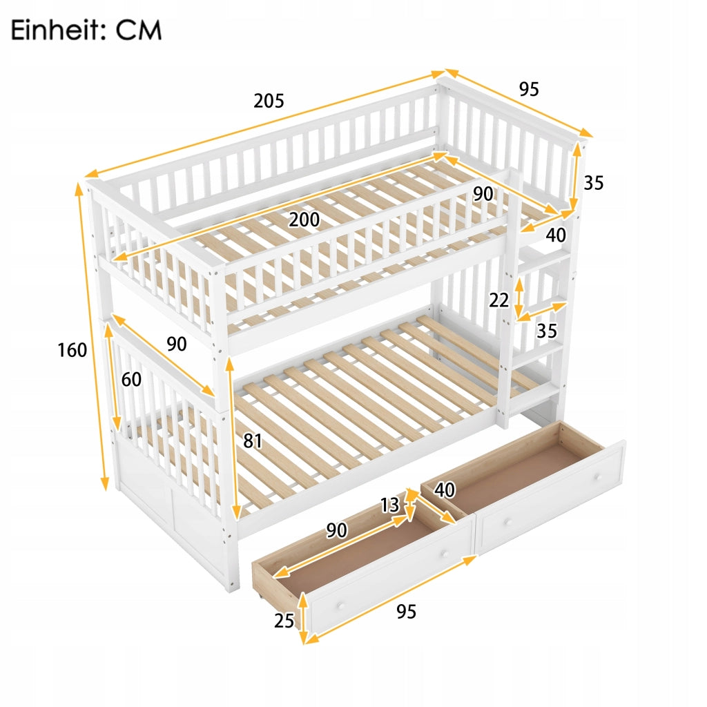 Letto a castello 90x200 - Xylo - Bianco con cassetti senza materasso
