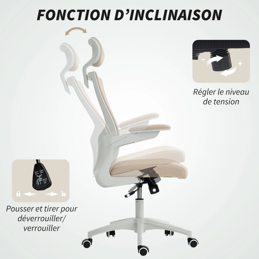 Sedia da ufficio ergonomica ¨C zephmum ¨C beige, braccioli reclinabili, supporto lombare, 60x63x120cm