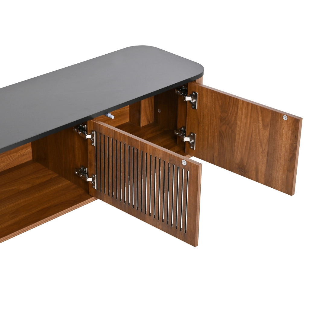 Mobile TV moderno con ante a griglia; 190 x 35 x 45 cm; MDF; nero e noce