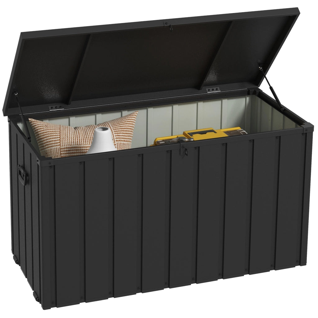 Coffre da giardino in metallo 450L con cerniere a gas e ruote ¨C zephmum ¨C 125,5x61,5x70 cm