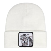 Berretto in maglia con ricamo a tigre e risvolto, colore bianco