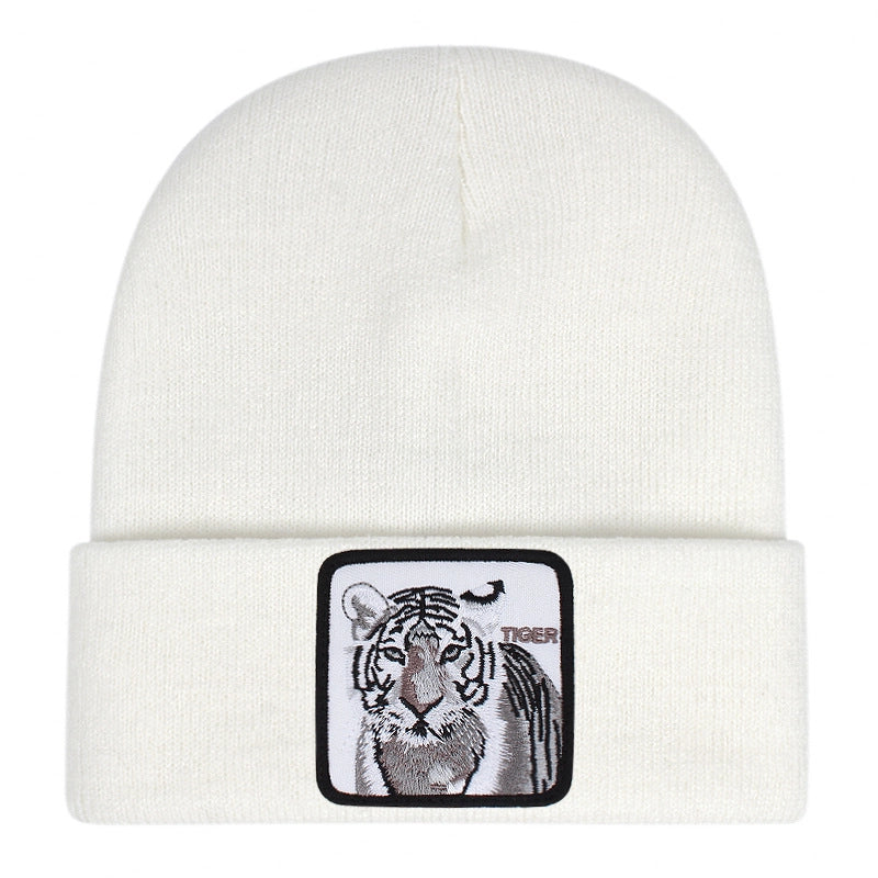 Berretto in maglia con ricamo a tigre e risvolto, colore bianco