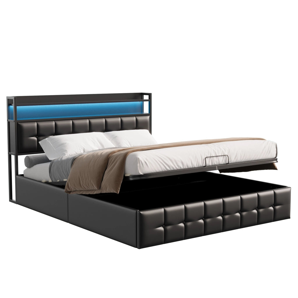 Letto 160x200 cm con ripiani e luci LED in pelle PU nera
