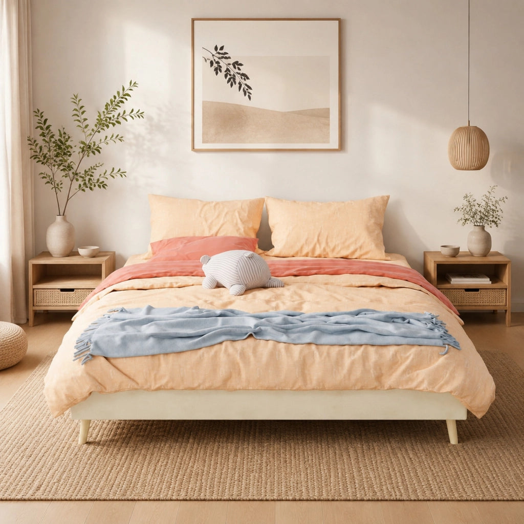 Struttura letto moderna 160x200 cm in tessuto e metallo; beige; con supporti