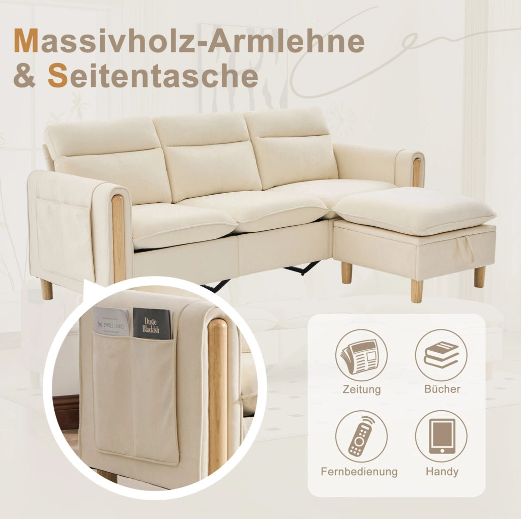 Divano modulare a L 3 posti con pouf contenitore; ciniglia beige e chaise longue reversibile