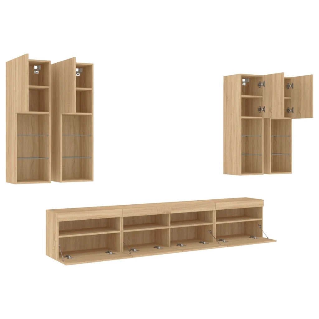 Set di mobili credenza TV soggiorno camera da letto parete soggiorno x 7 pezzi e luci LED rovere sonoma marrone 02_0025373