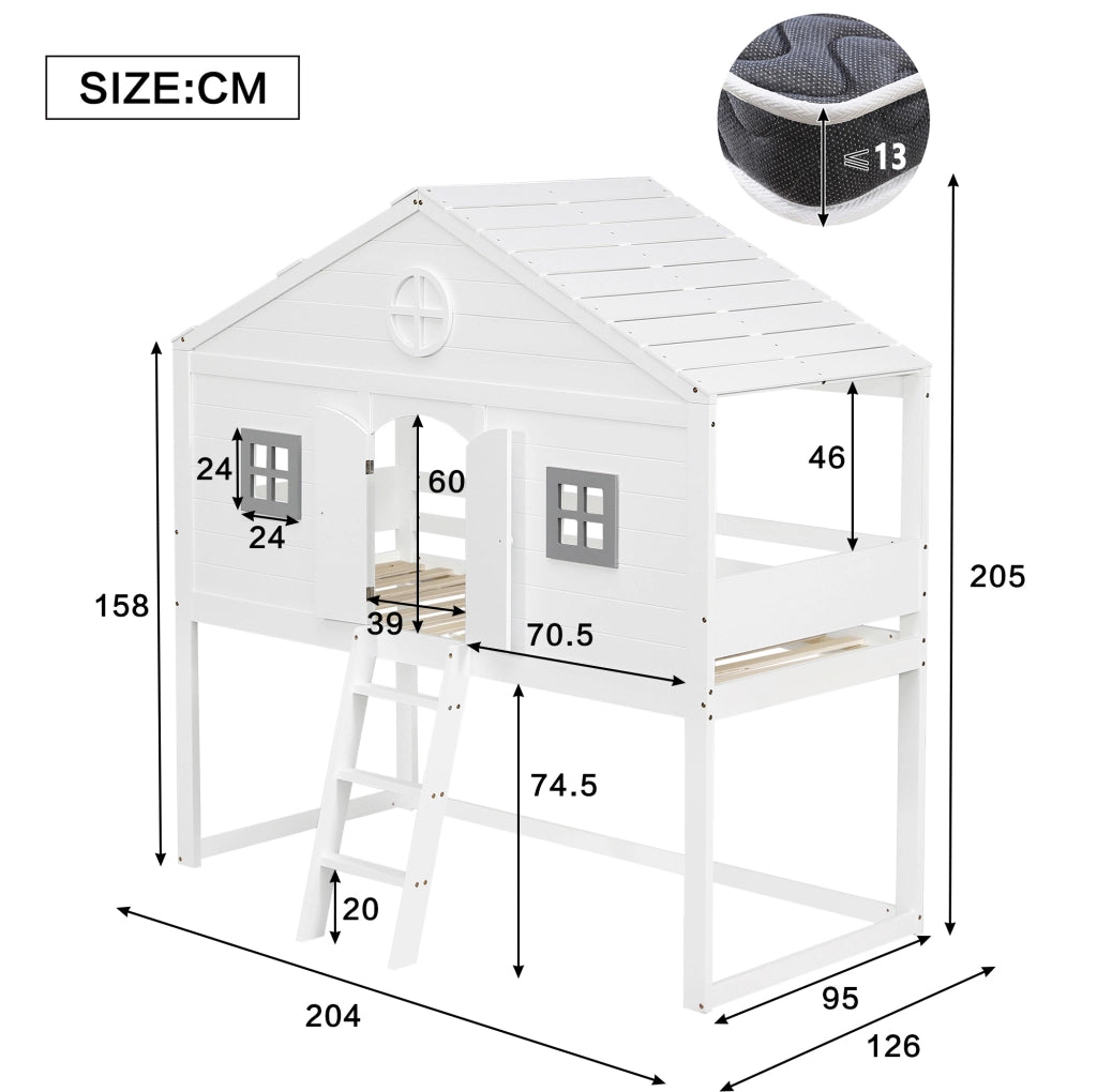 Letto a soppalco per bambini 90x200 cm con scala; protezione anticaduta e finestre grigie; bianco