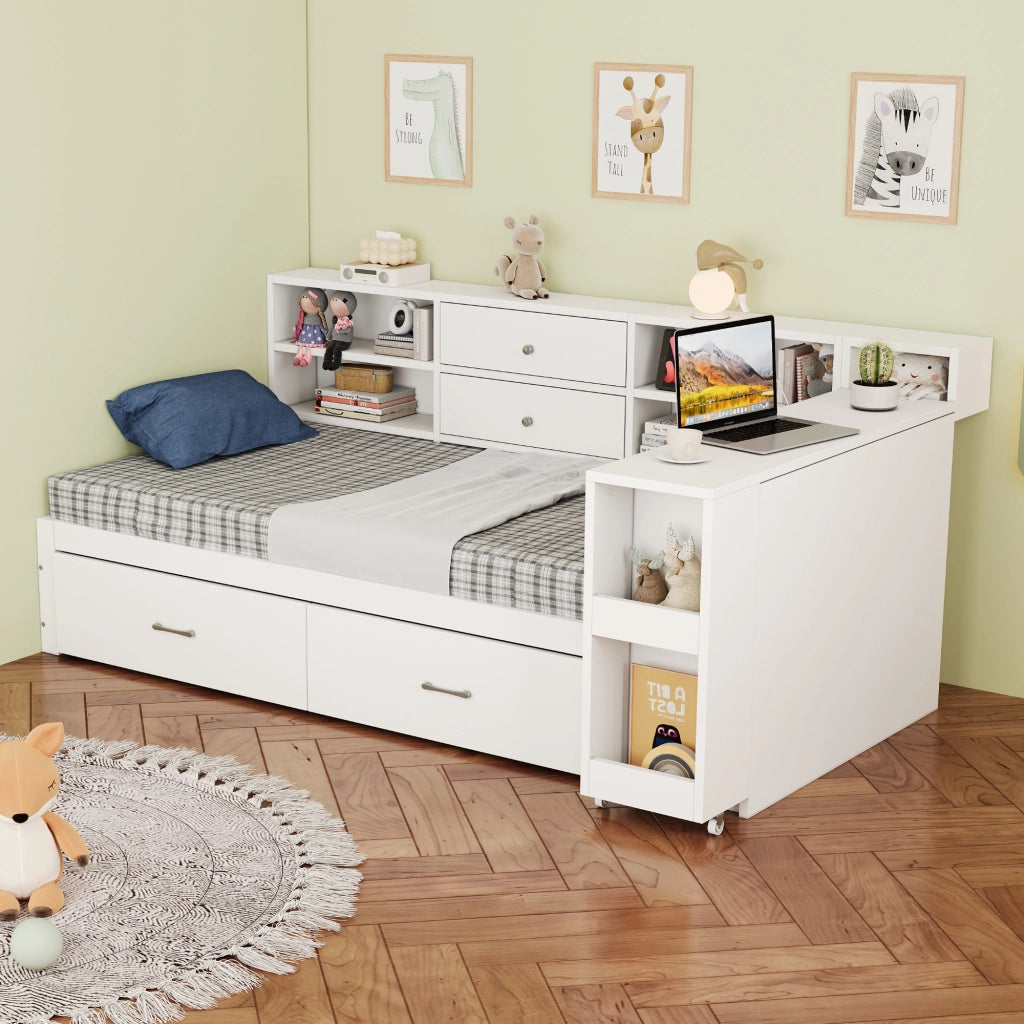 LETTO Multifunzionale 90x200 cm in legno bianco con cassetti e scrivania estraibile