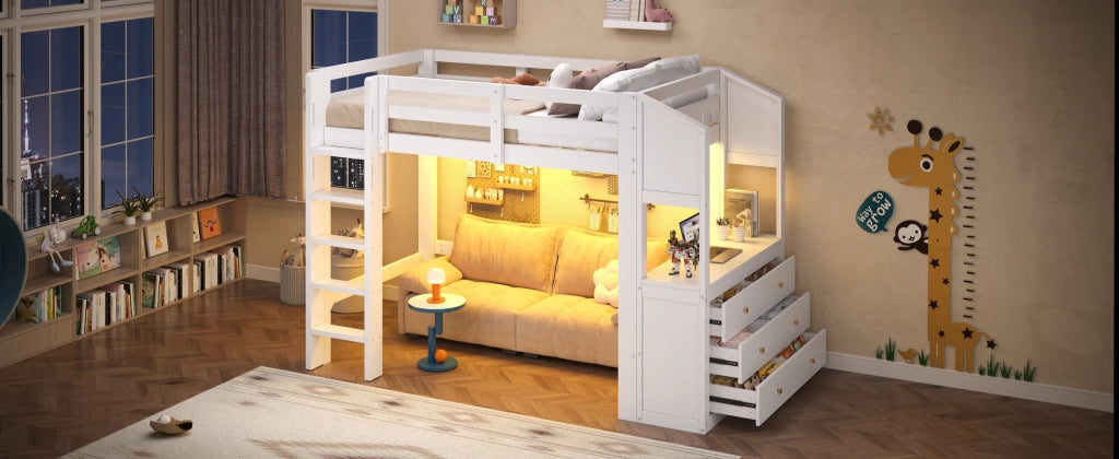 Letto a soppalco con 3 cassetti, scaffali e LED, 90x200 cm, bianco