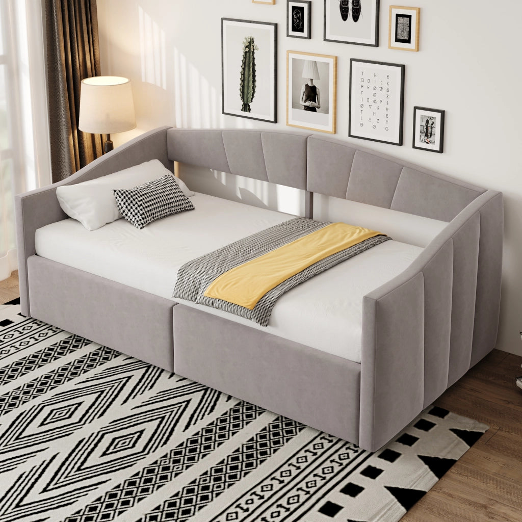 OKWISH Letto Divano 90×200 cm, Letto Singolo con Contenitore Idraulico, Schienale e Braccioli, senza Materasso, in Velluto, Grigio Chiaro