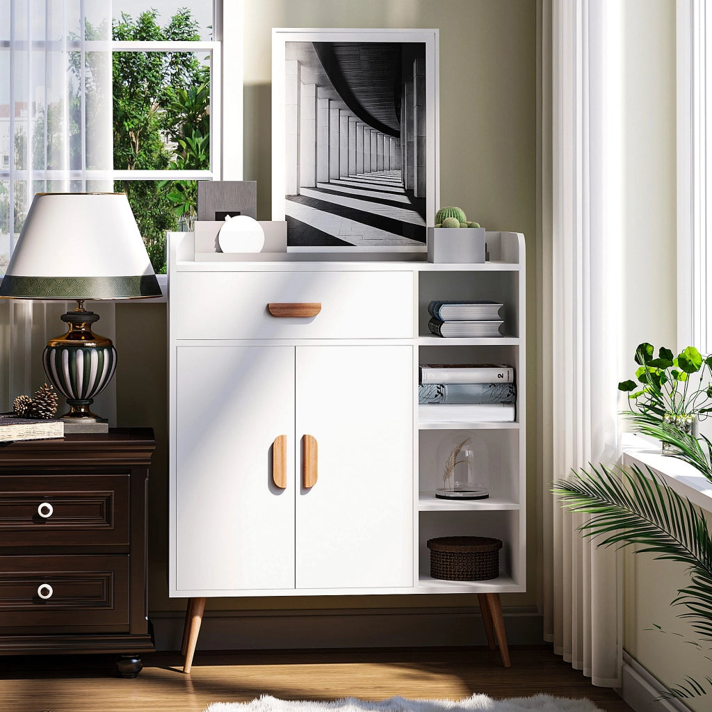 Credenza Moderna con Armadietto e Cassetto, Mobile Multiuso in Legno per Cucina e Salotto, 80 x 29.5 x 96cm Bianco
