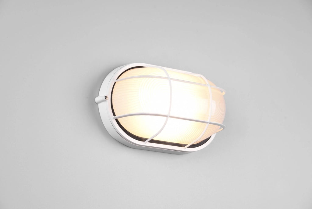 ALGI PLAFONIERA APPLIQUE DA ESTERNO OVALE FUSIONE DI ALLUMINIO BIANCA CON GRIGLIA E VETRO SATINATO L.28,3CM IP44  1 LUCE ATTACCO E27