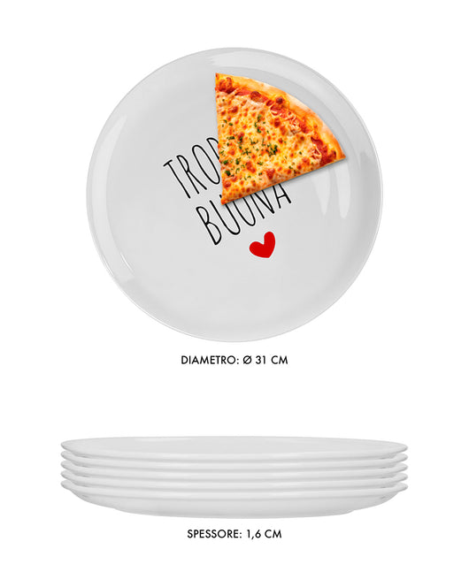Set Di 6 Pezzi Piatti Per Pizza Grandi In Porcellana Piatto Cucna Pizze iPiatti Piani Xxl Decorati Con Scritte  - Diametro 33cm