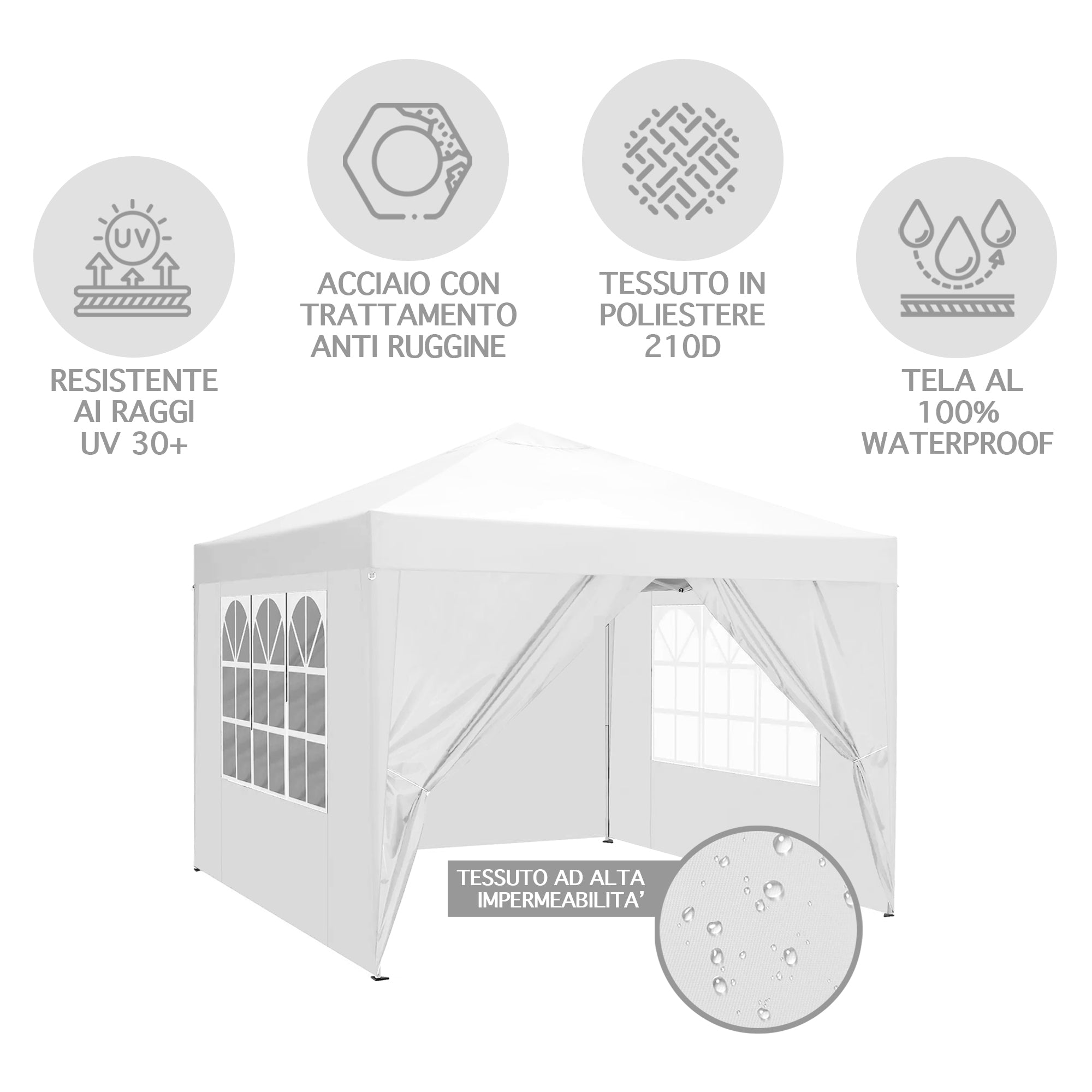 Gazebo 3 x 3 M Impermeabile Uv Resistente Con Pareti Laterali 2 Porte Con Cerniera E Finestre Pieghevole Apertura A Spinta Pop Up Struttura Acciaio Giardino