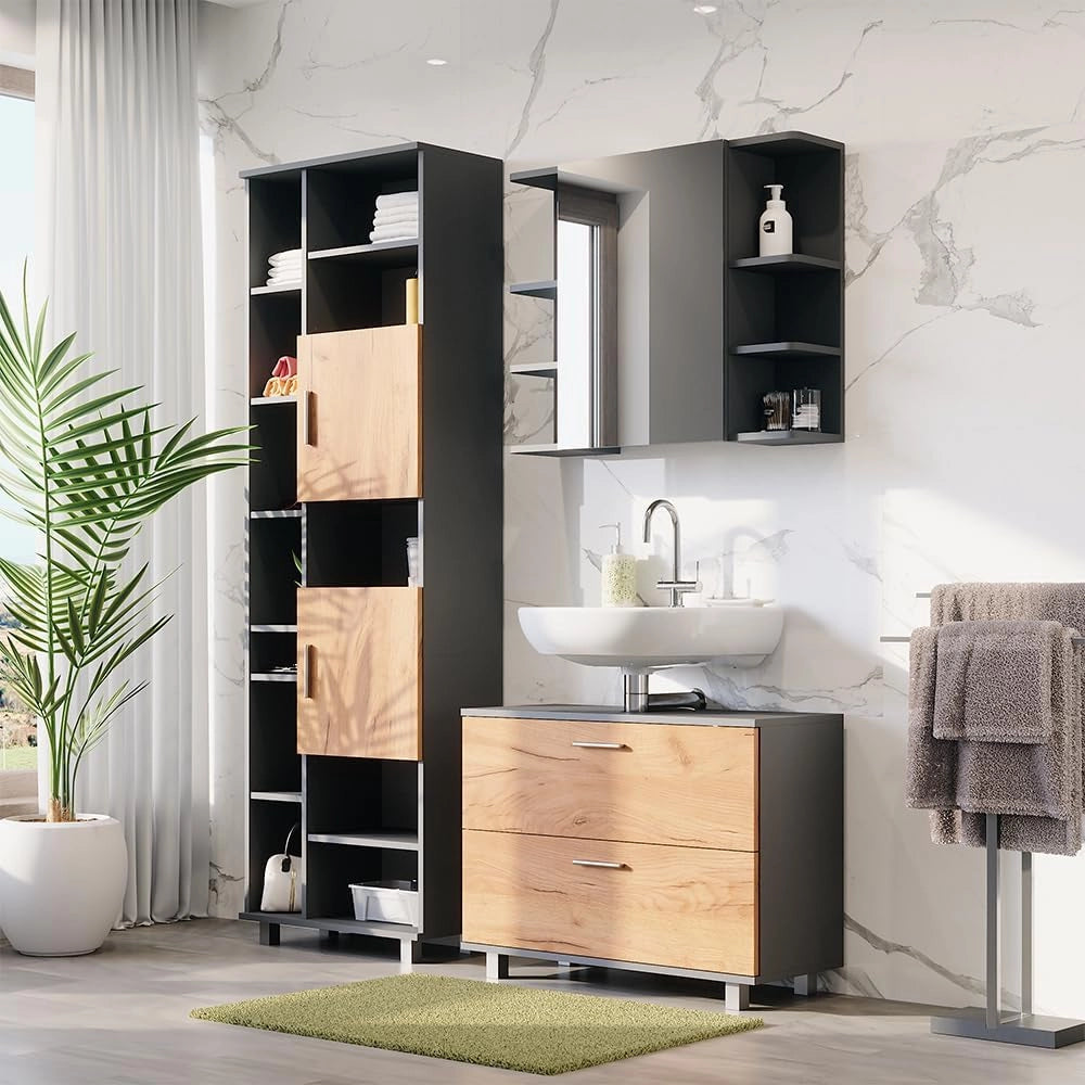 Set di mobili da bagno Ilias, Quercia dorata/antracite, 80.2 cm, composto da mobile sottolavabo, specchiera e colonna alta