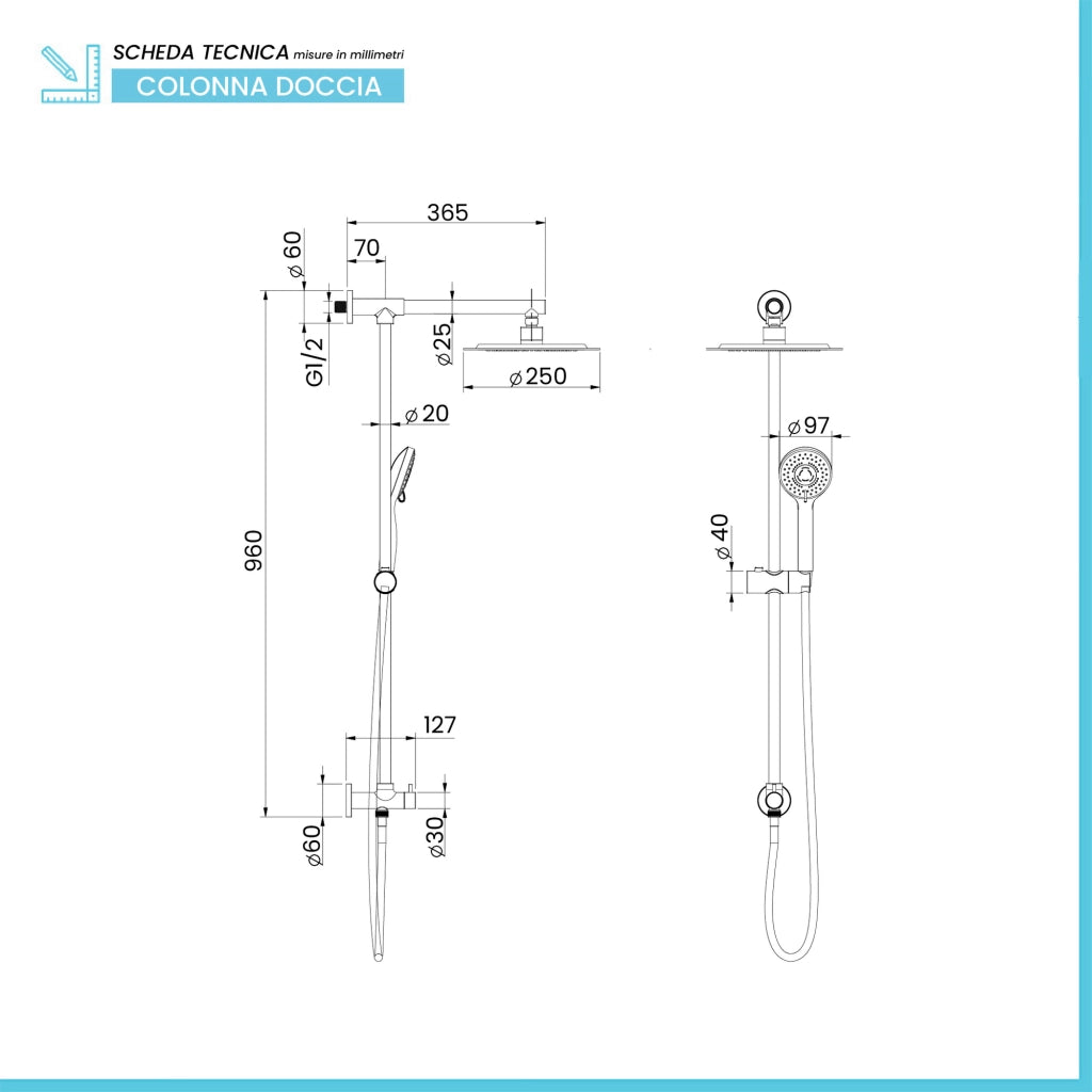 Colonna doccia da 96 cm in ottone cromato design tondo e doccetta con presa d’acqua in alto