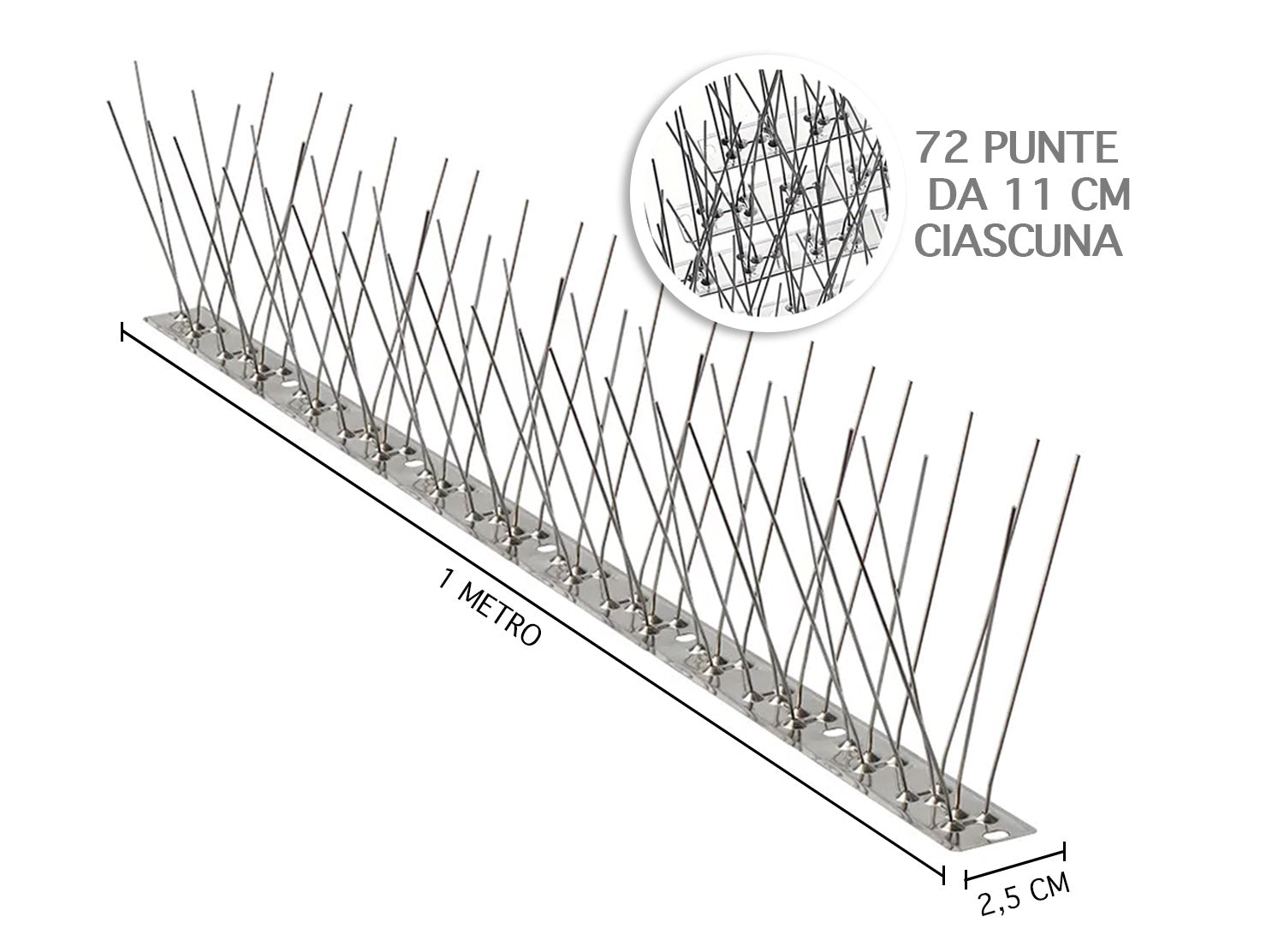 Dissuasori Inox Per Uccelli 25 Pezzi Da 1 Mt Totale 25 Metri 72 Punte Mt Dissuasore Spuntoni Piccioni Colombi Balconi Terrazzi Scaccia Volatili Gatti