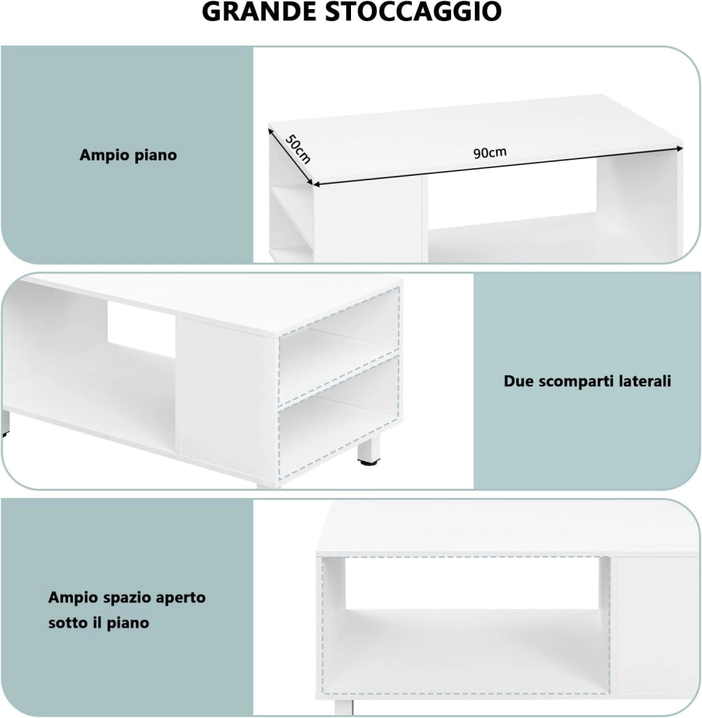 Tavolino con Vano Portaoggetti, Tavolino da Divano con 3 Scomparti, Tavolino da Divano con Gambe in Metallo, per Divano da Salotto, 50 kg Caricabile, 90x50x45 cm, Bianco, BTS23ws
