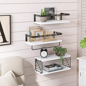 Kit 3 Mensole da Parete Legno e Metallo Bianco Versatili Salvaspazio Cucina Bagno Camera