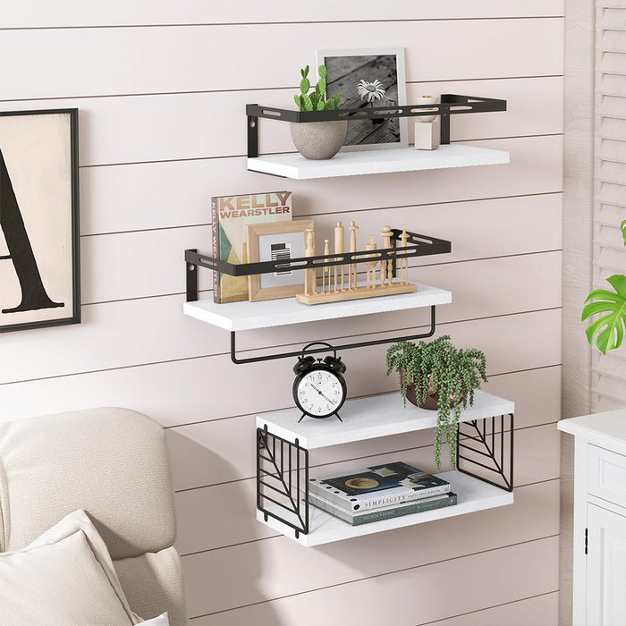 Kit 3 Mensole da Parete Legno e Metallo Bianco Versatili Salvaspazio Cucina Bagno Camera