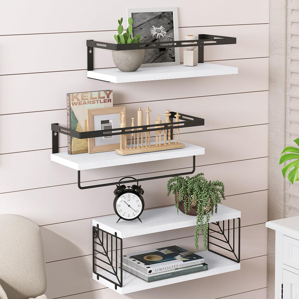 Kit 3 Mensole da Parete Legno e Metallo Bianco Versatili Salvaspazio Cucina Bagno Camera