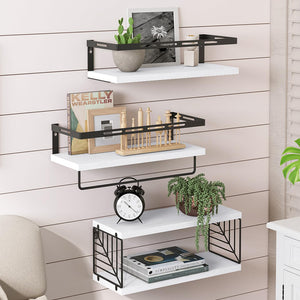 Kit 3 Mensole da Parete Legno e Metallo Bianco Versatili Salvaspazio Cucina Bagno Camera