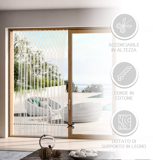 Tenda Antimosche per Porta Finestra a Pannello Con Telaio In Legno,Colore Bianco, Moschiera con corde Intrecciate per Esterno Interno Fili a Caduta 