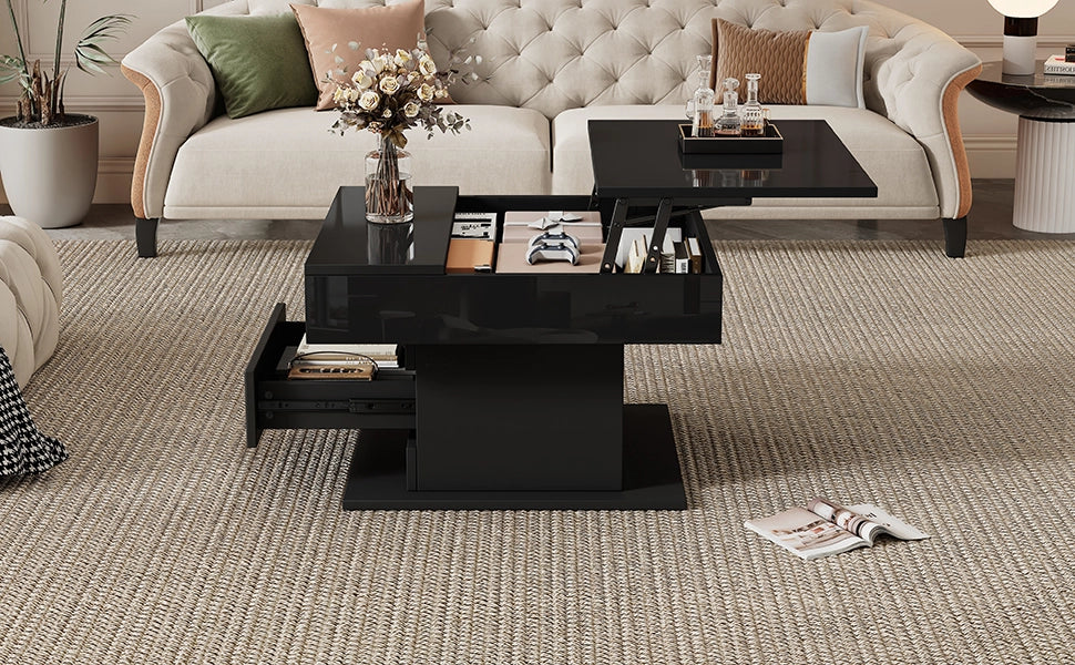 TAVOLO da salotto 70x70x45 cm nero lucido con piano sollevabile e 1 cassetto