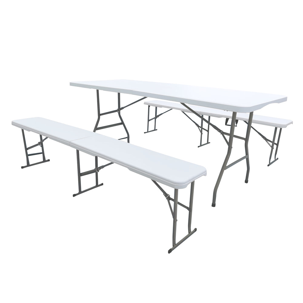 Set Da 3 Pezzi Tavolo + 2 Panche Pieghevoli Set Birreria Interno Esterno 180 Cm XXL 6/8 Per Feste Sagre Posti Maniglie Per Trasporto Giardino Campeggio Struttura Acciaio Impermeabile Uv Resistente Tavolino E Panchine Vacanze