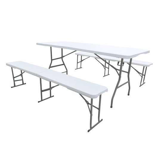 Set Da 3 Pezzi Tavolo + 2 Panche Pieghevoli Set Birreria Interno Esterno 180 Cm XXL 6/8 Per Feste Sagre Posti Maniglie Per Trasporto Giardino Campeggio Struttura Acciaio Impermeabile Uv Resistente Tavolino E Panchine Vacanze