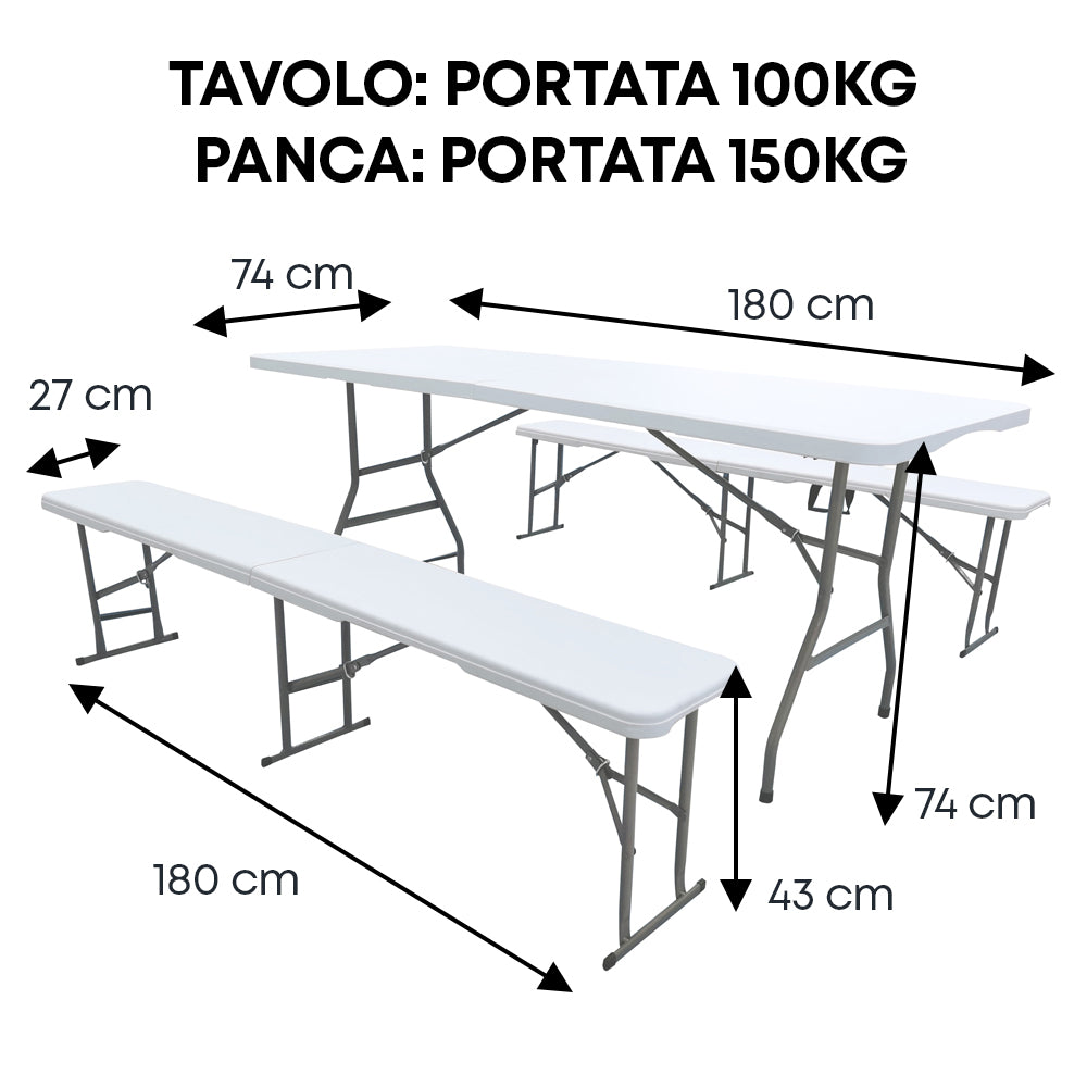 Set Da 3 Pezzi Tavolo + 2 Panche Pieghevoli Set Birreria Interno Esterno 180 Cm XXL 6/8 Per Feste Sagre Posti Maniglie Per Trasporto Giardino Campeggio Struttura Acciaio Impermeabile Uv Resistente Tavolino E Panchine Vacanze